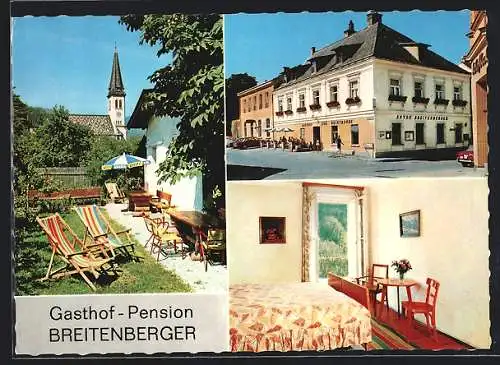 AK Weissenbach /N.-Ö., Gasthof-Pension A. Breitenberger, Innenansicht, Garten mit Blick zur Kirche