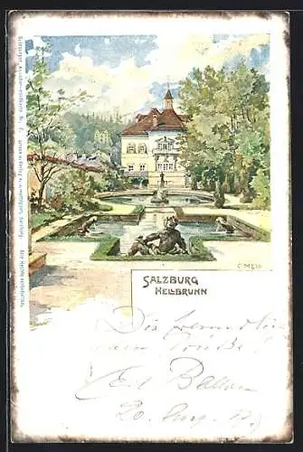 Lithographie Salzburg, Gartenpartie am Schloss Hellbrunn