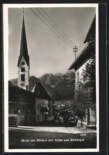 AK Mieders, Ortspartie mit Kirchturm, Telfes und Kalkkögel