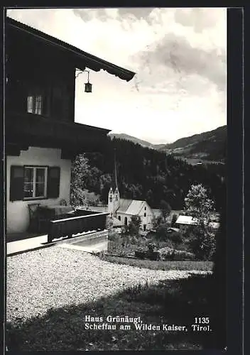 AK Scheffau am Wilden Kaiser, Pension Haus Grünäugl und die Kirche