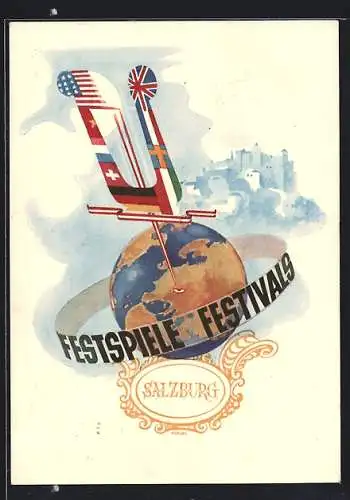 Künstler-AK Salzburg, Festspielkarte 1950, Globus und Nationalfahnen
