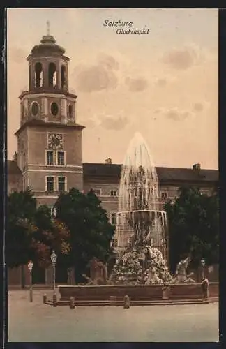 AK Salzburg, Blick zum Glockenspiel und Brunnen