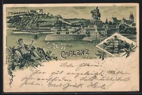 Lithographie Koblenz, Festung Ehrenbreitstein, Castorkirche, Fort Constantin, Neptun, Dampfer