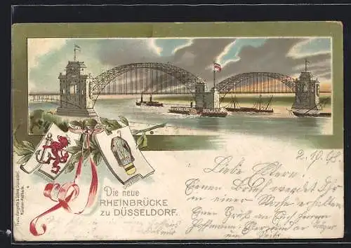 Lithographie Düsseldorf, Blick auf die neue Rheinbrücke