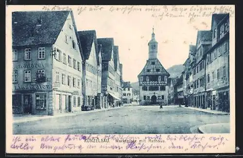 AK Künzelsau, Marktplatz mit Konditorei Einsiedler und Rathaus