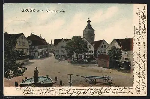 AK Neuenstein / Württ., Strassenpartie mit Brunnen