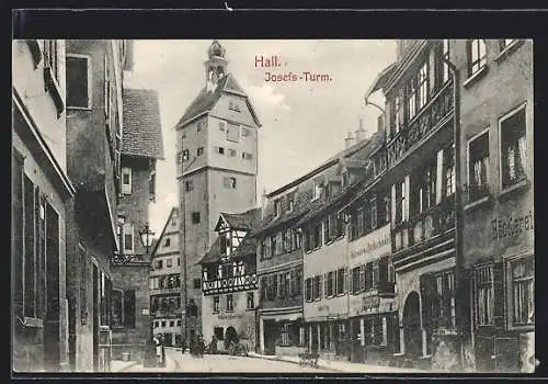 AK Hall, Strassenpartie mit Blick zum Josefs-Turm