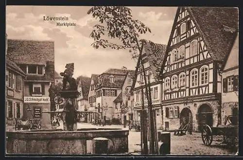 AK Löwenstein, Marktplatz mit Brunnen und Geschäften