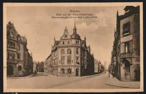 AK Worms, Donnersberger Strasse und Lutherkirche von der Brunhildenbrücke aus gesehen