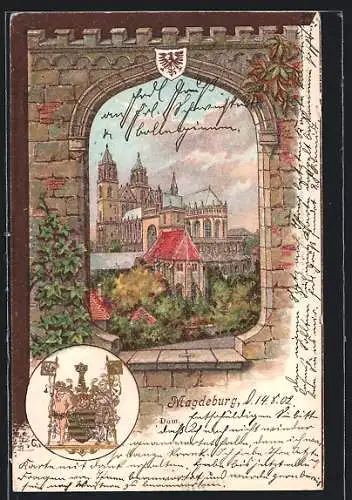 Lithographie Magdeburg, Dom, Wappen, Passepartout