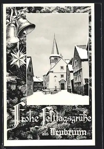 AK Neubrunn über Würzburg, Ortspartie mit Kirche im Passepartoutrahmen, Festtagsgruss