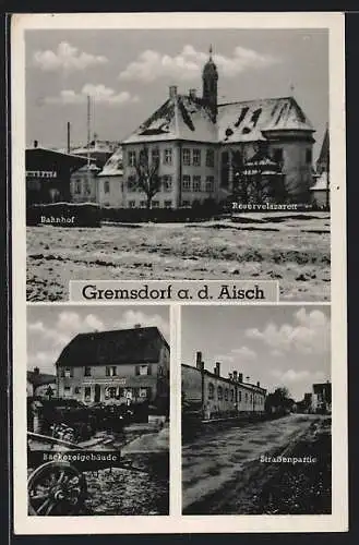 AK Gremsdorf a. d. Aisch, Bäckereigebäude, Strassenpartie, Reservelazarett und Bahnhof im Schnee