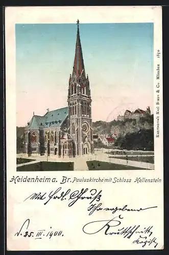 Goldfenster-AK Heidenheim a. Br., Pauluskirche mit Schloss Hellenstein