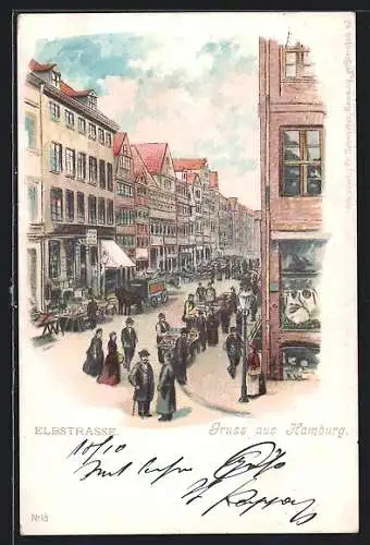 Lithographie Hamburg, Elbstrasse mit Händlern