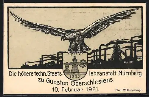 AK Nürnberg, Höhere techn. Staatslehranstalt 1921, Adler mit Wappen vor einer Fabrik