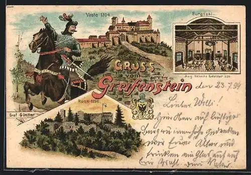 Lithographie Greifenstein, Veste 1304 und Graf Günther, Burgsaal, Ruine 1898