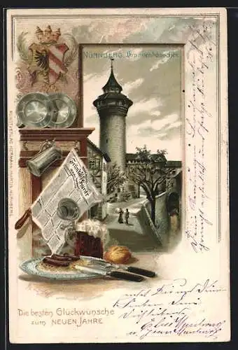 Passepartout-Lithographie Nürnberg, Partie am Brunnenhäuschen, Brotzeit