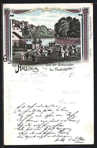 Lithographie Hall /Württg., Tanz der Salzsieder bei Festlichkeiten