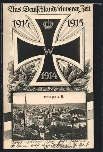 AK Esslingen a. N., Ortsansicht unter dem Eisernen kreuz