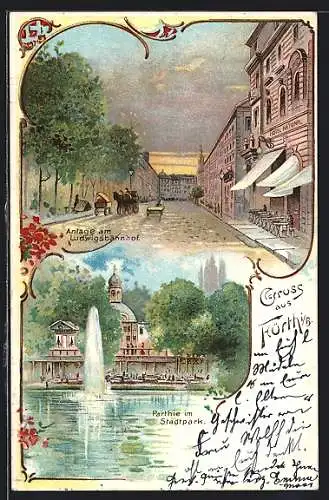 Lithographie Fürth, Strassenpartie mit Kutsche, Teich mit Springbrunnen, Hotel National