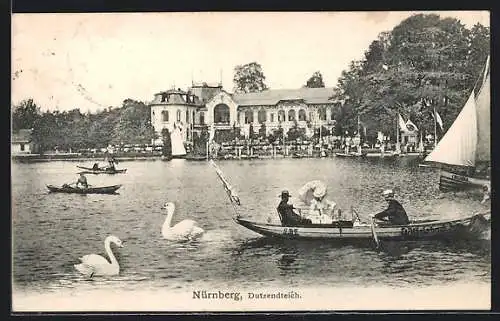 AK Nürnberg, Schwäne und Ruderboote auf dem Dutzendteich