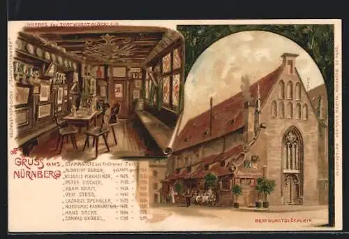 Künstler-AK Erwin Spindler: Nürnberg, Bratwurstglöcklein, mit Innenansicht, Tabelle früherer Stammgäste