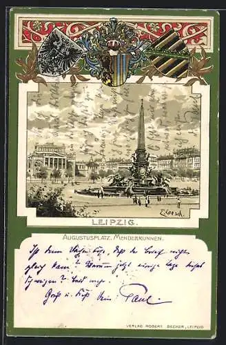 Passepartout-Lithographie Leipzig, Augustusplatz mit Mendebrunnen, Geprägte Wappen