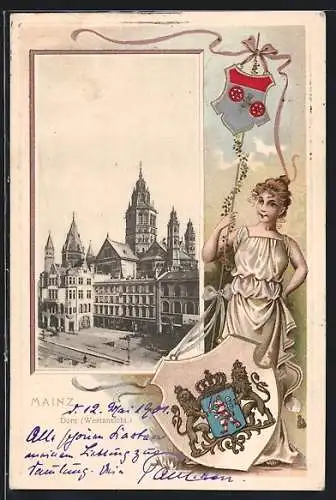 AK Mainz, Blick auf den Dom (Westansicht), Wappen