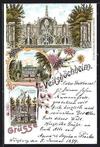 Lithographie Veitshöchheim, Orpheus-Gruppe, Schloss, Zierbrunnen-Anlage