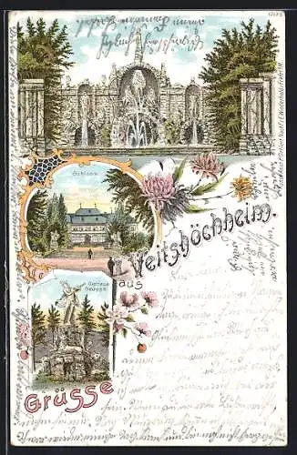 Lithographie Veitshöchheim, Orpheus-Gruppe, Schloss, Springbrunnen-Anlage