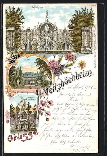 Lithographie Veitshöchheim, Schloss, Neptungruppe, Orpheusgruppe