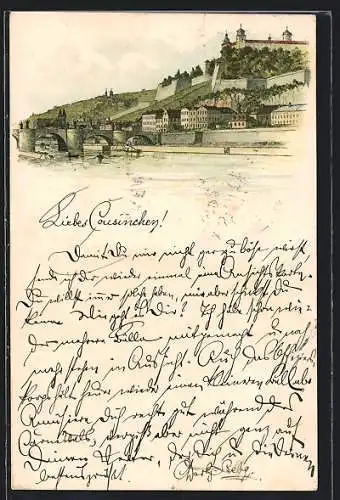 Lithographie Würzburg, Teilansicht mit Brücke und Festung