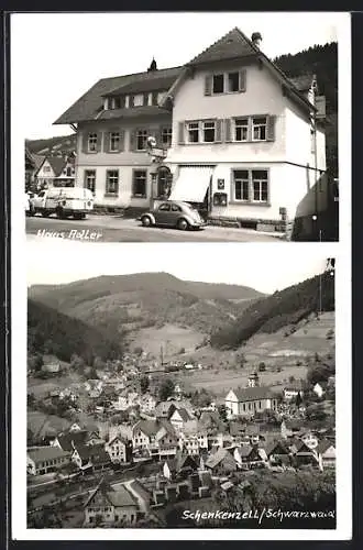 AK Schenkenzell /Schwarzwald, Gasthaus Adler, Ortsansicht aus der Vogelschau, VW-Käfer
