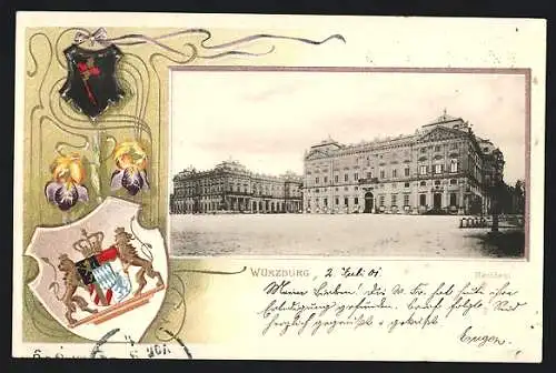 Passepartout-Lithographie Würzburg, Residenz mit Platz, Geprägtes Wappen