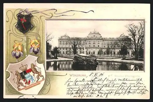 Passepartout-Lithographie Würzburg, Residenz, Gartenseite mit Springbrunnen, Präge-Wappen