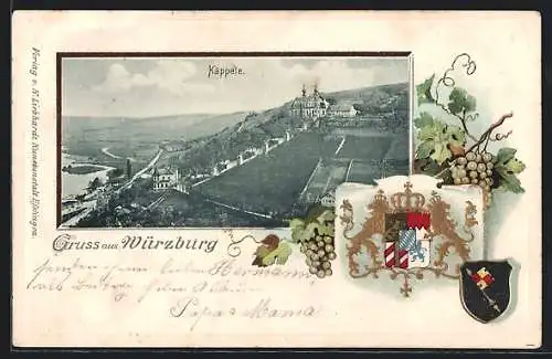 Passepartout-Lithographie Würzburg, Ortsansicht mit Käppele, Wappen