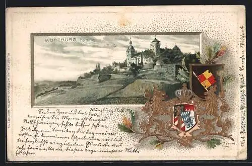 Passepartout-Lithographie Würzburg, Festung mit Umgebung von der Landseite, Präge-Wappen