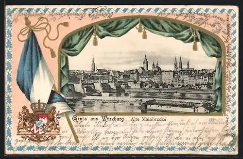 Passepartout-Lithographie Würzburg, Panorama mit alter Mainbrücke, Wappen