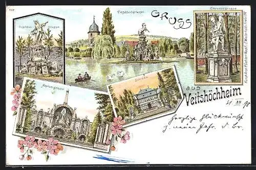 Lithographie Veitshöchheim, Neptun-Gruppe, Schloss, Pegasusgruppe und Orpheus-Gruppe