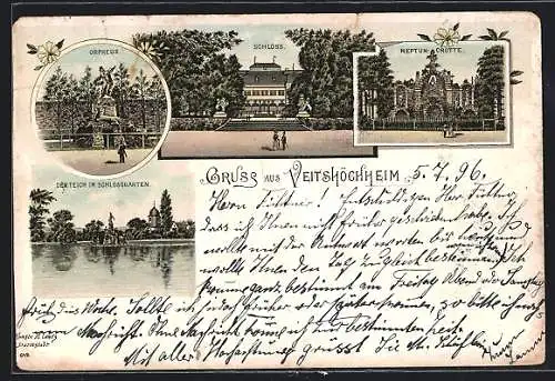 Lithographie Veitshöchheim, Neptun-Grotte, Schloss und Schlossteich