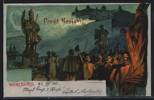Lithographie Würzburg, Feiernde Menschen vor der Festung, Statuen, Kanonenböller, Neujahrsgruss