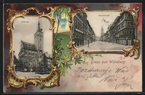 Passepartout-Lithographie Würzburg, Domstrasse mit Turm, Rathaus, Frühlings-Idylle