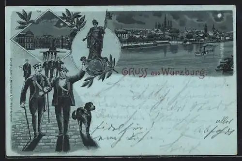 Mondschein-Lithographie Würzburg, Fröhliche Studenten mit Hund, Panorama vom Wasser aus