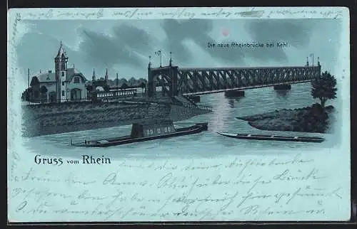 Mondschein-Lithographie Kehl, Neue Rheinbrücke, Frachter, Gebäude