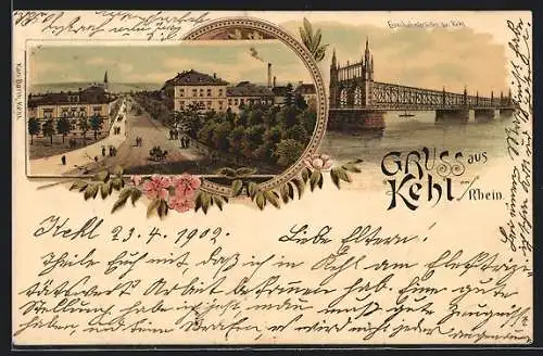 Lithographie Kehl, Eisenbahnbrücke und Ortsansicht