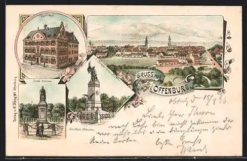 Lithographie Offenburg, Rathaus, Drake-Denkmal, Krieger-Denkmal, Gesamtansicht