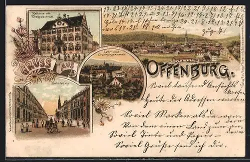 Lithographie Offenburg, Rathaus mit Drake-Denkmal, Lehr- und Erziehungsanstalt, Bahnhofstrasse und Total