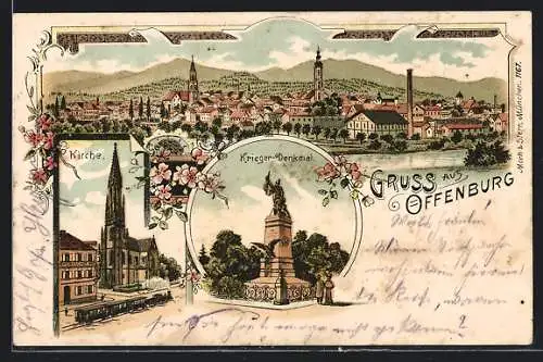 Lithographie Offenburg, Totalansicht, Kirche, Rheinischer Hof, Krieger-Denkmal
