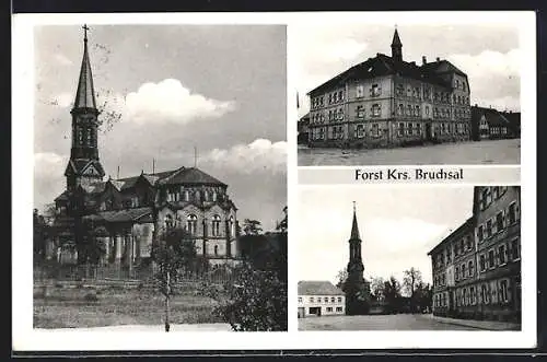 AK Forst /Krs. Bruchsal, Ortspartie mit Kirchturm, Kirche, Turmgebäude