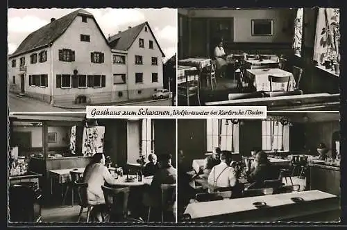 AK Wolfartsweier /Karlsruhe, Gasthaus zum Schwanen, Innenansichten mit Gästen, Gebäude